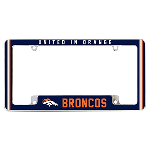 NFL Denver Broncos United in Orange Chrome License Plate Frame - Full Color Zinc Alloy 4-Screw Mount