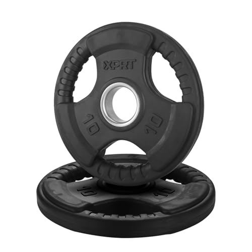 XPRT Fitness Olympic Weight Plates 2.5-45 LB | Rubber Coated Cast Iron Plates with Triple Grip Design | Quiet and Protective Upgrated Home Gym Weights (E. 10 lb x 2pcs)