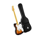 Cette guitare électrique est équipée d'un sélecteur de micros, d'un bouton de volume et de deux boutons de tonalité différents.