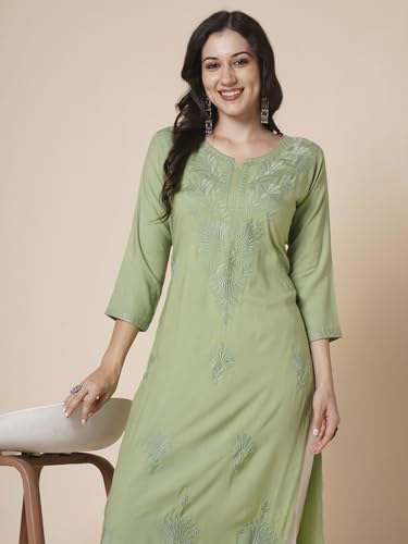 Image of RATAN Rayon Straight Lucknowi Chikankari Ethnic Wear Kurta for Women
