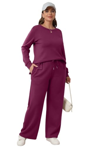 Image of WIHOLL Women's 2 Piece Lounge Sets Sweatshirt Casual Travel Outfits Fashion Wide Leg Tracksuit Cozy Sweatsuits