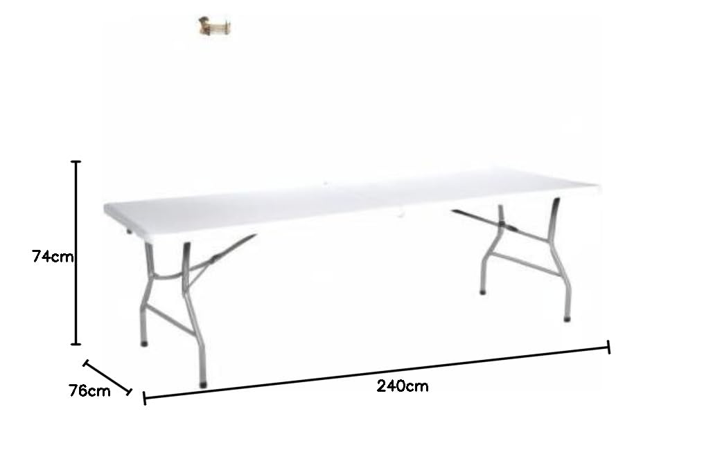BricoLoco.com Mesa Plegable Comedor Camping, jardín, terraza, Catering. 2,4 MTS. Capacidad hasta 12 comensales. Estructura en Acero. Asa Transporte. (Largo 2,4 MTS.)