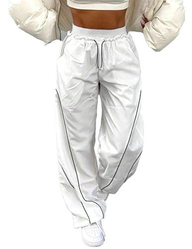 Zontroldy Cargo Pants Women Parachute Pants Y2K Baggy Casual High Waist Wide Leg Track Pants Streetwear(0946-White-S)