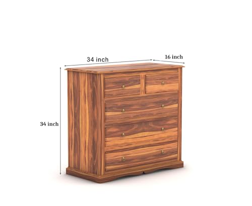 Image of Sheesham Wooden Chest of Drawer for Living Room | Solid Wood Dresser Storage for Bedroom with 5 Drawer | Rosewood Cabinet Storage (Teak)