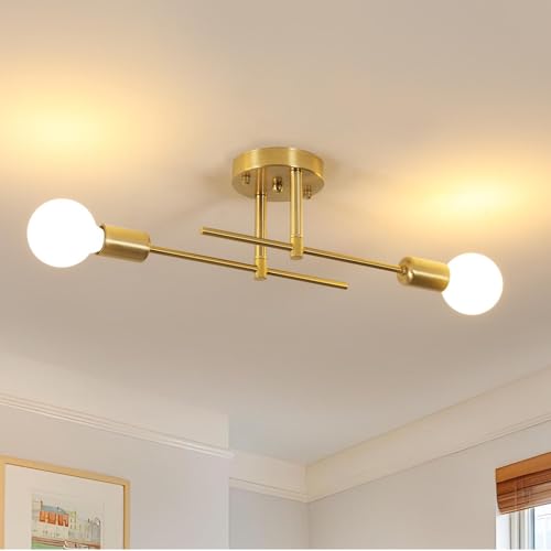 Comely Lustre Sputnik Vintage E27, 2 Lumières Plafonnier Industriel, Lustre Doré Lampe de Plafond en Métal pour Chambre, Couloir, Cuisine, Longueur 43 CM