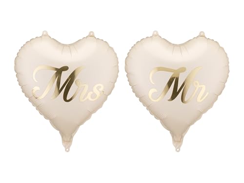 Folienballons Herz Mr & Mrs 35x35cm Set 2 Stk - Ballon für Helium oder Luft - in Beige mit Goldschrift - Hochzeitsdeko für Brautpaar Hochzeit Wedding