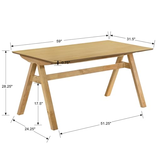 Image of DUOMAY Wooden Dining Table, Square 59 inch Wide Kitchen Table for 4-6 People, Mid Century Rectangular Dinner Table with Trestle Base for Home Restaurant, Original Wood Color