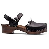 Sandgrens Handmade Swedish Wood Clogs for Women, Low Heel Sandal US 8-8.5 | Milan Black Veg Tan DK, EU 39