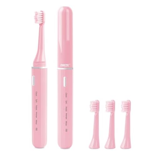 MAYZE Sonic Electric Toothbrush with 6 Brush Heads, Portable Travel Electric Toothbrush with 5 Modes - Charge for Lasting to 90 Days - 2 Min Timer Ultra Power Cleaning Tooth Brush - Pink