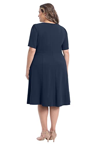 Image of London Times Women's Knit Eyelet Short Sleeve Crepe Inset Waist Midi with Button Detail