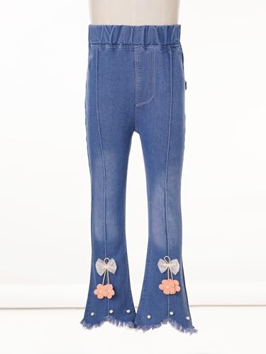 TiaoBug Girl's Raw Hem Flared Jeans Retro Style Bell Bottoms Pants Jeggings Distressed Denim Trousers with Pockets3
