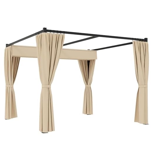 Outsunny 3 x 3(m) Pergola with Retractable Roof Canopy and Curtains, Metal Frame Garden Gazebo Outdoor Sun Shade Shelter for Grill, Patio, Deck, Beige