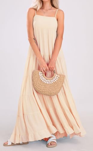 Image of loveimgs Women Summer Spaghetti Strap Smocked Maxi Dress Tiered Ruffle Sleeveless Long Flowy Dress Beach Sundress