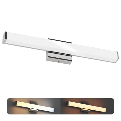 Image of 24 Inch Bathroom Vanity Light Fixtures with Night Light: Long Square Wall Mounted LED Lighting Bar Over Mirror with 5CCT & 2200K Color Changing, 120V, 1230-1350lm, ETL, Chrome, 1 Pack
