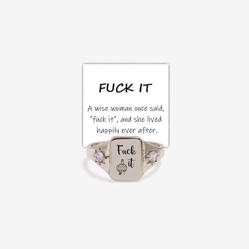 Fuck It Ring, Handmade Square Engraved Signet Ring Funny Statement Stackable Letter Friendship Inspirational Rings for Friends Jewelry Gifts