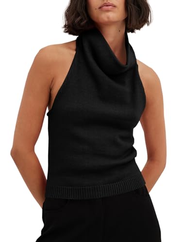 Image of Langwyqu Womens Turtleneck Sweater Vests Sleeveless Knit Halter Tank Tops Sexy Loose Cami Shirts