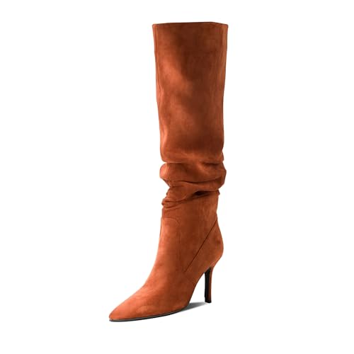 Women's Suede Slouchy Knee High Boots,Brown Stiletto High Boots Thigh High Boots, Knee High Pull On Boots of Women,Pointed Toe Mid Tall Boots Long boots