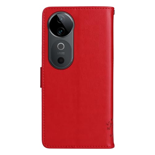 Coque Vivo V40 5G étui rouge à motif papillon en relief avec fente carte - 5