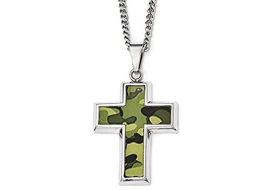 Chisel Stainlesssteel Polished Printed Greencamo Under Rubber Crossnecklace