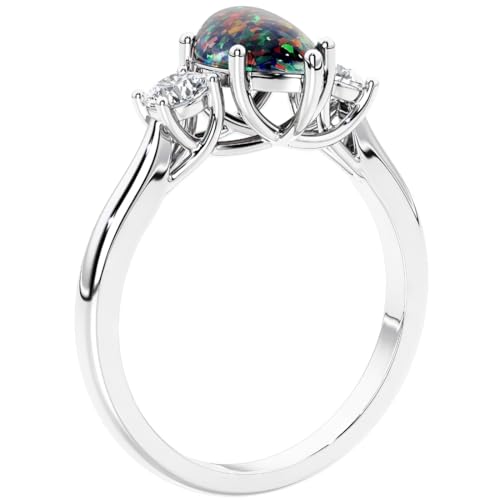3-Stone Pear Shape Shape Created Black Opal and Lab Grown Diamond Trellis Ring 14K White or Yellow Gold, 1.50 Carats total, Sizes 4 to 103