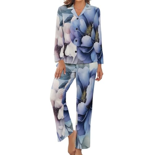 Ensemble pyjama femme manches longues pivoines aquarelles vêtement de nuit été