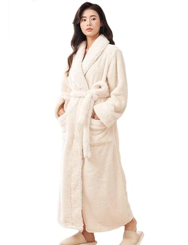 Image of LOCIIXAT Womens Cosy Robe Winter Long Dressing Gowns Fluffy Fleece Housecoat, Cream 10-14 UK