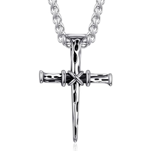 MOO&LEE Men's Nail Cross Pendant Necklace with 24 Inch Stainless Steel Chain Faith Jewelry for Christian