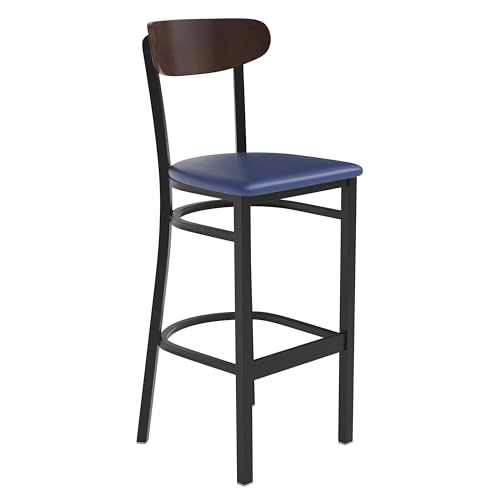 Image of Flash Furniture Wright Commercial Barstool - Walnut Finish Wood Boomerang Back - Blue Vinyl Seat - 500 LB. Capacity Black Steel Frame - Integrated Footrest