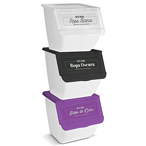 AC   Pack de 3 Contenedores apilables de Polipropileno   Cubo para el Almacenamiento de Ropa, Ordenación por Colores – 36 L – Ropa Oscura, Clara y Color   36 x 38,5 x 38 cm