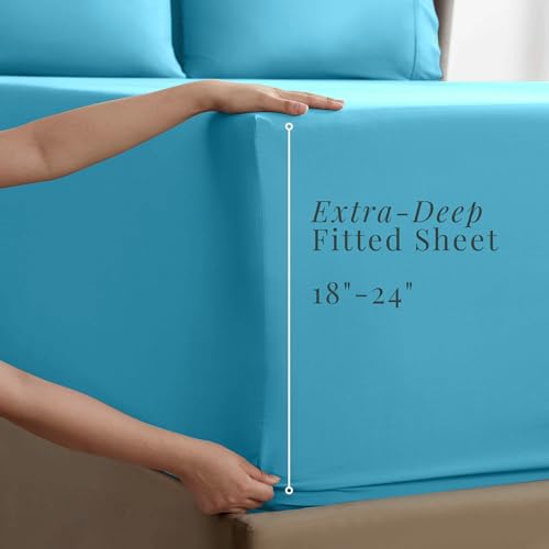Image of Hearth & Harbor Bed Linen Set - Split King Size, 6 Piece, Extra Deep Pocket, Microfiber, Beach Blue
