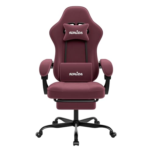 SUKIDA Gaming Stuhl, Ergonomischer Gaming Chair mit Fußstütze, Verstellbarer Racing Computerstuhl mit Lordosenstütze, Rot Ergonomisch Stoff PC-Stuhl