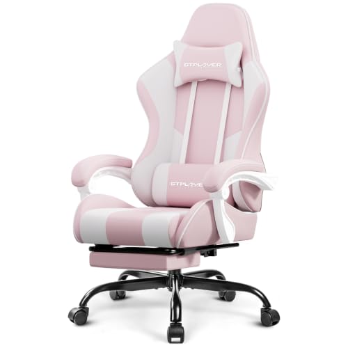 GTPLAYER Gaming Chair Computer Chair with Footrest and Lumbar Support Height Adjustable Game Chair with 360-Swivel Seat and Headrest and for Office or Gaming (Pink-Fabric)