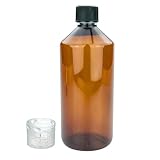 Devitre braune Laborflasche 1000 ml mit Messbecher und Etikett Lebensmittelecht