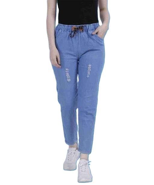 Image of Stylish Denim Mid Rise Stretchable Jogger Jeans for Women and Girls Casual Comfortable Elastic Fit Daily Use Blue 24