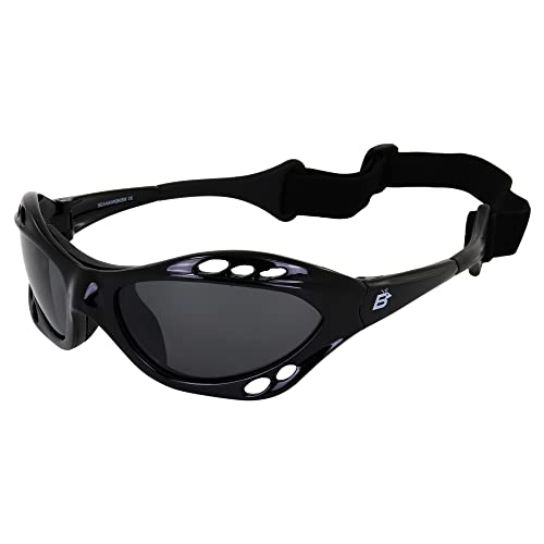 Birdz Eyewear Seahawk Water Sport Jet Ski Boating Surfing Surfer Surf Beach Sailing Fishing Kayak Canoe Goggle Kayaking Jetski Goggles Black Frame w/Polarized Smoke Lenses