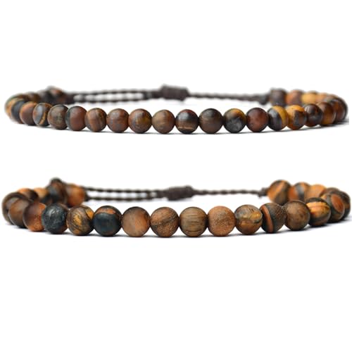 2 Pcs Natural Gemstone Beaded（4mm/6mm）Healing Jewelry，Handmade Adjustable Bracelet for Man Women,Matching Bead Couple Bracelets for Boyfriend Girlfriend (Tiger-eye（Matte)