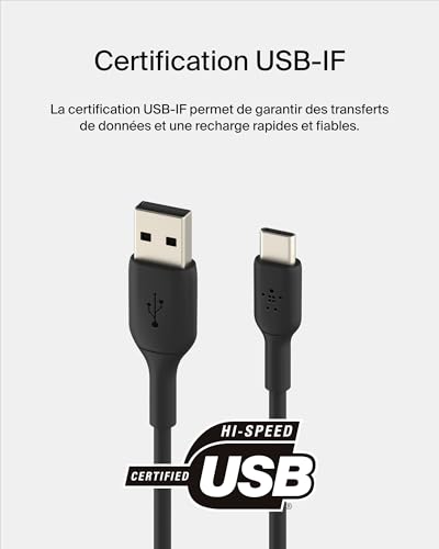 Belkin BoostCharge câble USB-C, câble de recharge USB-C vers USB-A, câble USB Type-C, cable USB C pour iPhone 16, iPhone 15, Samsung Galaxy S24, S23, iPad Pro, Google Pixel, etc., 1 m, noir