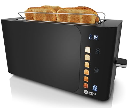 Balter Toaster 4 Scheiben, Touch Bedienung, Langschlitz, Edelstahl, Brötchenaufsatz, LCD Display Langschlitztoaster, Auftaufunktion, Brotzentrierung, TS-44 Schwarz matt