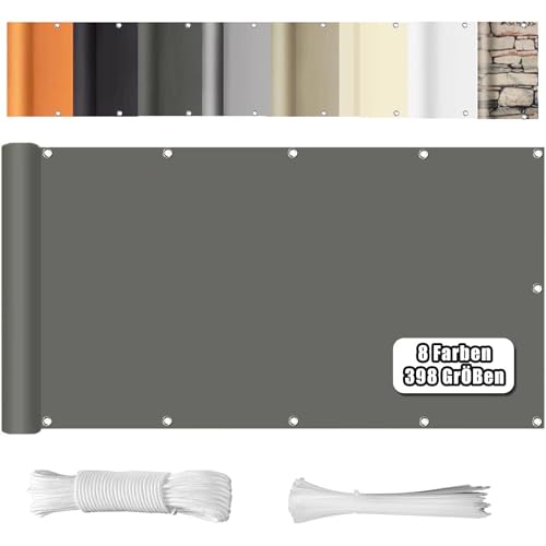 WEALSFUN Balkon Sichtschutz Balkonabdeckung (390Größen & 8 Farben) Balkonverkleidung Ohne Bohren blickdichte Wind UV-Schutz mit Ösen Kabelbinder Kordel,85X700CM Grau