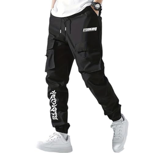 XYXIONGMAO Men's Black Casual Loose Goth Joggers Techwear Sweatpants Tactical Streetwear Hiphop Cargo Pants for Men(Black,L)