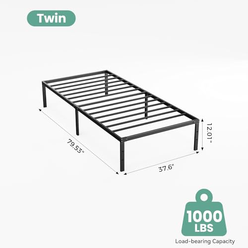 Image of Sweetcrispy Twin Size 12 Inch Platform Bed Frame, Heavy Duty Metal Foundation Frame, Noise-Free Sturdy Steel Slats, Underbed Storage, No Box Spring Needed, Quick Setup