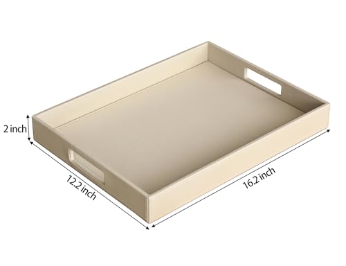 HofferRuffer Rectangle Serving Tray with Hole Handles for Coffee Table, Breakfast, Tea, Food, Butler - Countertop, Kitchen, Vanity Serve Tray, 16.2 x 12.2 x 2 inches, Faux Leather (Dark CreamWhite) by HofferRuffer - Used condition - Image 2
