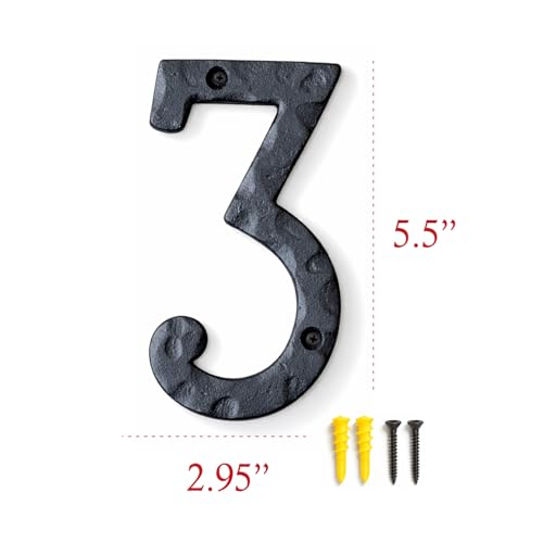 Image of NACH House Numbers for Outside, 5.5 inch Black Address Numbers for House - Number 3 - Rustic Numbers for Outside with Mounting Hardware