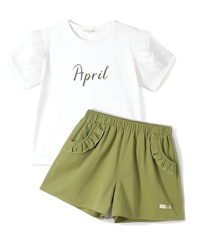 Image of Girls Summer 2 Piece Outfits Big Kids Ruffle Short Sleeve Cute Shorts Sets T Shirts and Shorts Clothing Sets 5-16Y