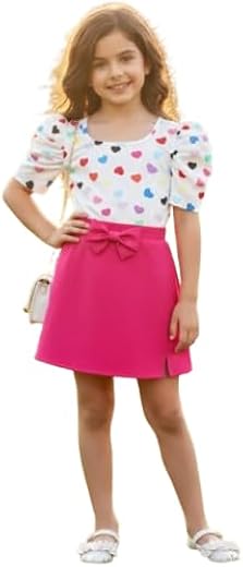 Girls Heart Print Top with Pink Skirt Dress Set | Puff Sleeve Bow Detail Birthday Party Frock