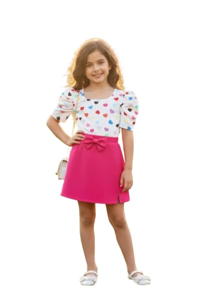 Girls Heart Print Top with Pink Skirt Dress Set | Puff Sleeve Bow Detail Birthday Party Frock - Review, Price and Buying Guide