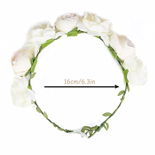 Flower Crown Rose Peony Garland Headband Hair Wreath Floral Headpiece with Adjustable Ribbon Wedding Festival Party (white) - Image 3