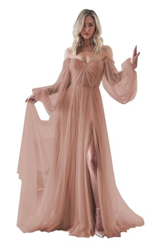 Image of Long Sleeve Tulle Wedding Dress for Bride Puffy Sleeve Prom Dress Ball Gown Formal Evening Gowns with Slit
