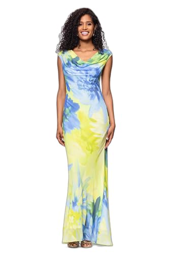 Image of Betsy & Adam Women's Floor-Length, Sleeveless, Floral Print, with Draped Neckline and Flowing Silhouette, Citrine, 12P