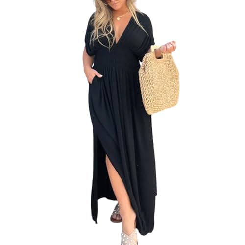 NLIADVY Slit V-Neck Effortless Maxi Long Dress, Bohemian Vacation Beach